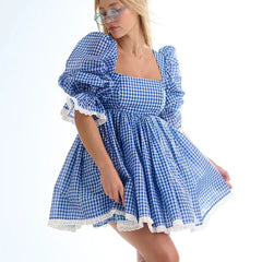 Blue Plaid Square Collar Puff Sleeve Mini Dress