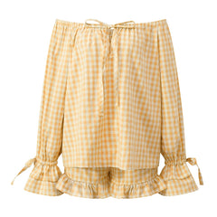 Plaid Off Shoulder Tops And Ruffle Shorts Set