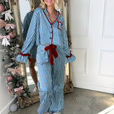 Striped Print Long Sleeve Button-up Shirts And Long Pant Pajama Set