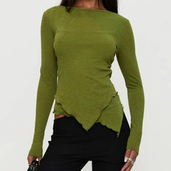 Green Long Sleeve Irregular Hem Boat Neck Top
