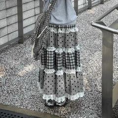 Women's black plaid and polka dot lace patchwork ruffles A-line maxi skirt.