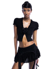 Black Mesh Frill 3d Flower Crop Top And Mini Skirt Set