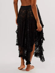 Lace Ruffle Sheer Asymmetrical Hemline Midi Skirt