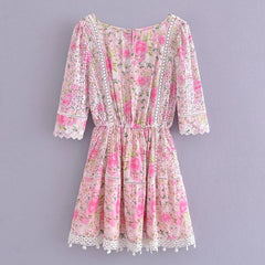 Pink Floral Quarter Sleeve Mini Dress