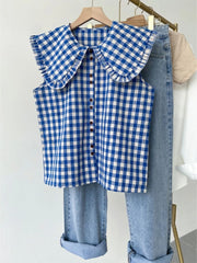 Blue Plaid Ruffled Sleeveless Shirt