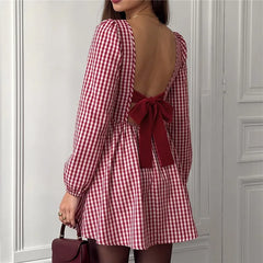 Red Gingham Long Puff Sleeve Backless Bow Tie Mini Dress