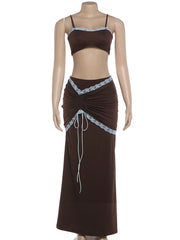 Brown Lace Patchwork Crop Top And Ruched Drawstring Maxi Skirt Set