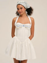 White Halter Floral Embroidery Pleated Mini Dress