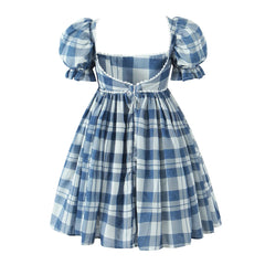 Blue Plaid Short Puff Sleeve Square Neck Bow A-line Mini Dress