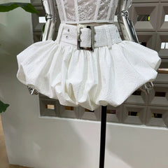 Lace Sheer Corset Crop Top And Wide Belt Bubble Hem Skirt Set