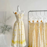 Yellow Spaghetti Strap Embroidered Flower Midi Dress