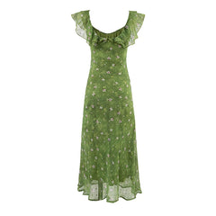 Green Floral Print Bow-Tied Long Dress