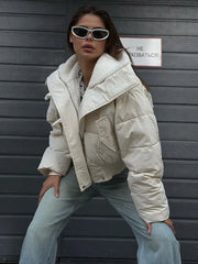 Solid Cropped Collar Button Puff Jacket