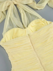 Yellow Halter Tie Up Ruched Mesh Maxi Dress