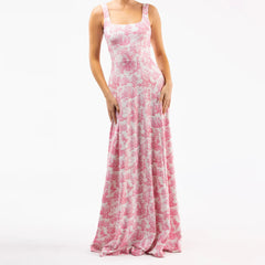 Pink Printed Square Neck Long Dress with Scarf