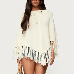 White Knit Poncho with Tassels Top