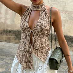 Leopard Print Deep Halter V-Neck Irregular Hem Top