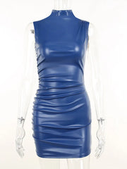 Sleeveless High Neck PU Leather Mini Dress