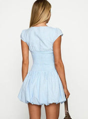 Blue Gingham Smocked Tie Front Keyhole Puff Sleeve Mini Dress