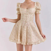 Beige Puff Sleeve Printed Mini Dress