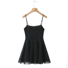 Black Embroidery Spaghetti Strap Keyhole Flared Mini Dress