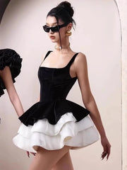 Black Velvet Puff Layered Hem Mini Dress