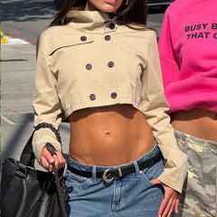 Double-Breasted High-Neck Cropped Trench Coat
