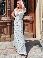 White Satin V-neck Polka Dot Maxi Dress