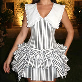 Striped Eyelet Sailor Collar Big Bow Ruffle Tiered Mini Dress