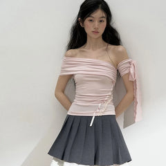 One Shoulder Tie Up Lace Up Top
