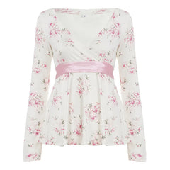 White Babydoll Pink Ribbon Floral Print Long Sleeve Top