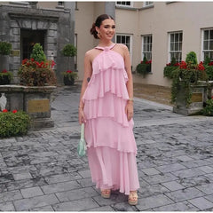 Flower Ruffles Halter Long Dress