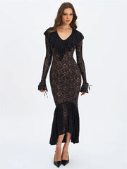 Black Lace Ruffled Long Sleeve Maxi Dress
