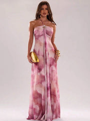 Pink Tie-Dye Mesh Halter Metal Ribbon Maxi Dress