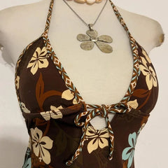 Brow Flower Pattern Tie Up Bikini Set