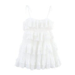White Layered Ruffle Sling Short Dress