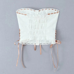 White Strapless Ribbion Lace Up Corset Top And Frill Bow Mini Skirt Set