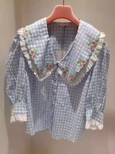 Plaid Peter Pan Collar Puff Sleeve Embroidery Blouse