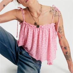 3D Floral Textured Spaghetti Tie Strap Cropped Top