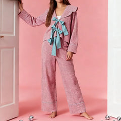 Plaid Bow Tie Shirt and Pants Lounge Set