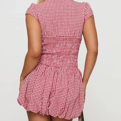 Red Plaid Smocked Puff Hem Mini Dress