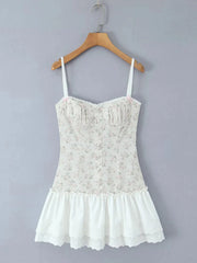 White Floral Print Cami Ruffled Lace Hem Mini Dress