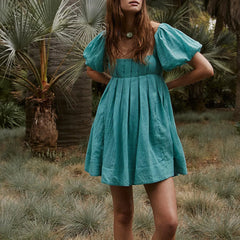 Puff Sleeve Babydoll  Square Neck Tie Back Mini Dress