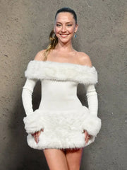 White Off-Shoulder Long Sleeve Fur Trim Mini Dress