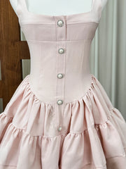Straps Square Neck Buttons Mini Dress
