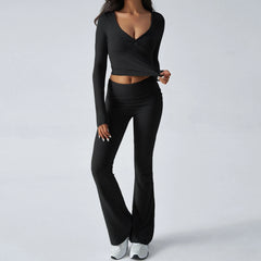 Solid V-Neck Long Sleeve Top and Elastic Flared Pant Set