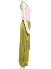 Pink Colour-Blocking Cami Top And Green Elastic Waist Pants Set