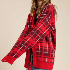 Red Plaid Lace Up Knit Cardigan