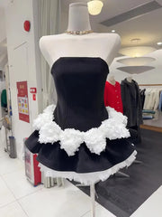 Black Frill 3d Flower Waist Desgin Strapless Blommers Layer Mini Dress