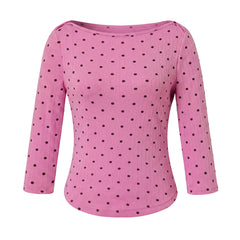 Polka Dot Ribbed Cropped Boat Neck T-Shirt